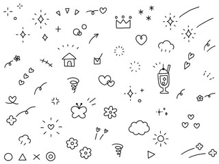 手書きの飾りイラストのベクターイラストセット。手描き、集中線、花、落書き、ハート