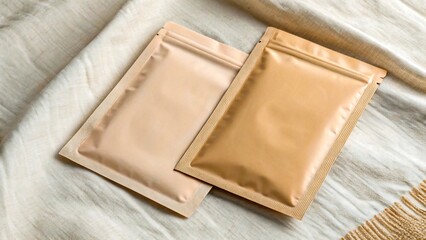 Elegant Kraft Paper Pouches Mockup on Textured Fabric Background ideal for branding and packaging design projects showcasing sustainable packaging options.