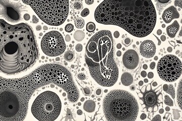 Abstract biology.Microscopic textures.Cellular patterns.A high-detail ink illustration of microscopic organisms, with intricate cellular patterns drawn in black and white