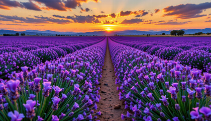Fototapeta premium Lavender field stretching across horizon, vibrant purple flowers in full bloom under stunning sunset. scene evokes tranquility and beauty, inviting viewers to immerse in nature splendor