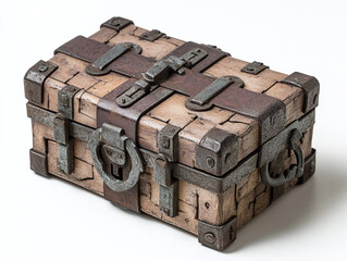 A puzzle box with complex locks, isolated on a white surface, with no shadow.