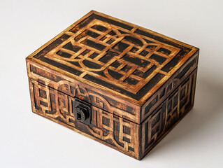 A puzzle box with complex locks, isolated on a white surface, with no shadow.
