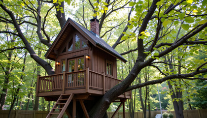 Charming treehouse nestled among lush green trees, featuring wooden structure with balcony and large windows, creating cozy retreat in nature. warm lighting adds welcoming touch