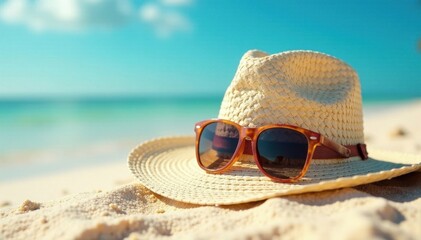 Wide brim straw hat, sunglasses on sandy beach , escape, warm, vacation