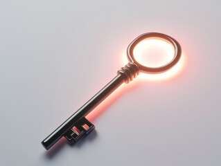 A secret key with a glowing symbol, isolated on a white surface, with no shadow.