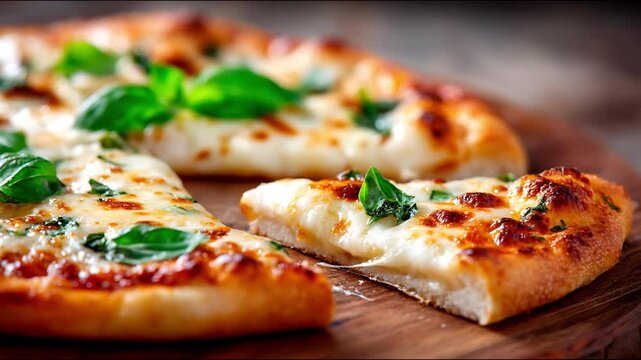 Close up of a delicious looking pizza with melted cheese and fresh basil on a wooden cutting board table
