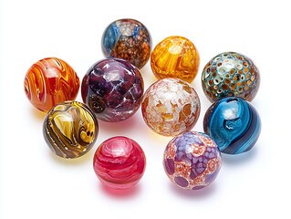 A set of handmade glass beads, isolated on a clean white background, with various colors and no shadow.