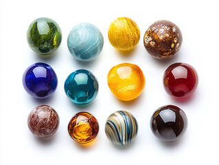 A set of handmade glass beads, isolated on a clean white background, with various colors and no shadow.