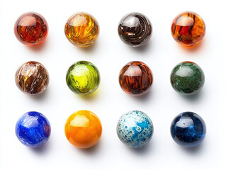 A set of handmade glass beads, isolated on a clean white background, with various colors and no shadow.