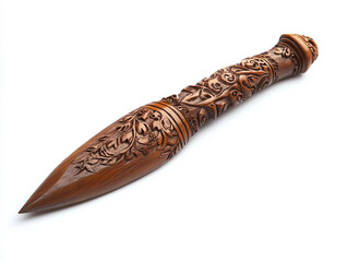 A wooden carving knife, isolated on a white surface, with intricate craftsmanship and no shadow.