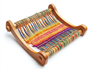 A weaving shuttle, isolated on a white surface, with colorful threads and no shadow.