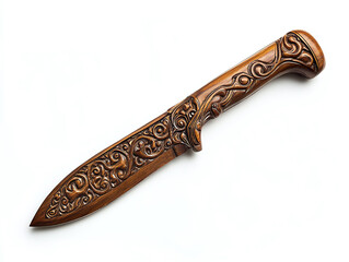A wooden carving knife, isolated on a white surface, with intricate craftsmanship and no shadow.