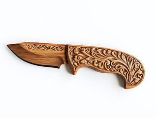 A wooden carving knife, isolated on a white surface, with intricate craftsmanship and no shadow.