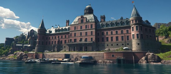 Obraz premium Scenic view of a grand palace on the water's edge under a bright, clear sky