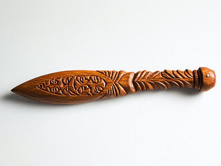 A wooden carving knife, isolated on a white surface, with intricate craftsmanship and no shadow.