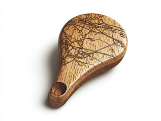 A wooden map marker, isolated on a clean white background, with detailed engravings and no shadow.