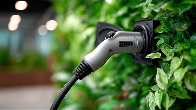 Close up of an electric vehicle charger plugged into a wall covered with green leafy plants indoors