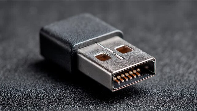 Close up shot of a usb connector with a black plastic casing on a textured dark gray surface macro view