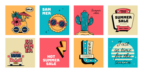 Summer sale card set. Retro vector illustration