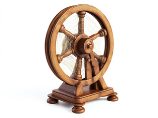A wool spinning wheel, isolated on a clean white background, with wool threads and no shadow.