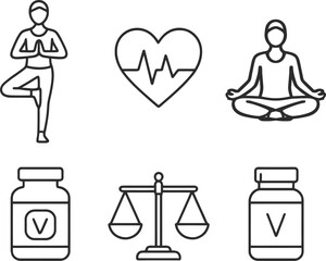 Minimalist Health and Wellness Vector Icon Set – Yoga, Heart Rate, Meditation, Vitamins, Balance