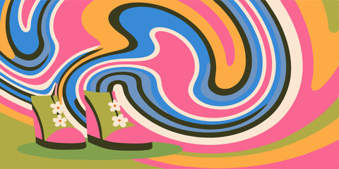 Retro 70s Flower Boots on Psychedelic Background