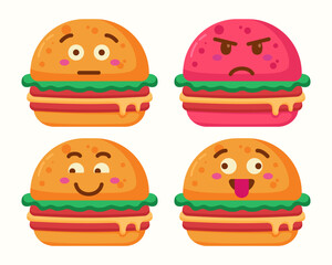 Cute Burger character with different expressions isolated collection