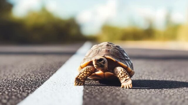 Small tortoise reptile animal with shell walking slow on asphalt road with white line, surrounded by nature wildlife and blurred greenery under bright sky, evoking calm peaceful mood