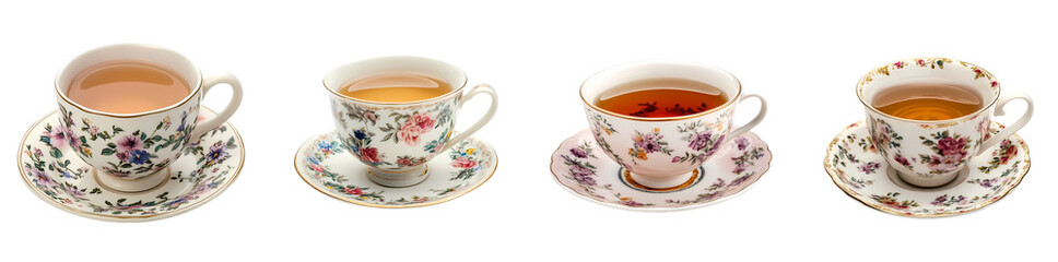 Elegant floral teacups filled with tea, arranged in a row against a transparent background, showcasing vintage charm and delicate porcelain artistry
