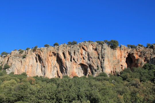 Rock climbing crag area Spectacular Cave in Geyikbayiri, Turkey. Rock climbing spot near Antalya. Geyikbayiri rockclimbing area crag in Turkey. Tuffa rock walls and caves spectacular view landscape