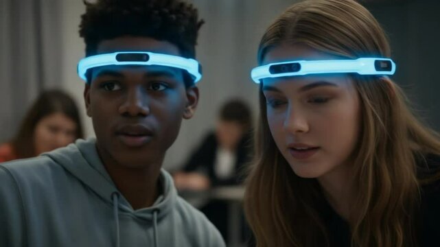 Futuristic teens wear glowing headbands