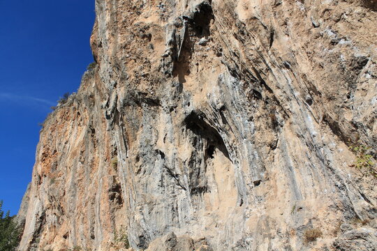 Rock climbing crag area Spectacular Cave in Geyikbayiri, Turkey. Rock climbing spot near Antalya. Geyikbayiri rockclimbing area crag in Turkey. Tuffa rock walls and caves spectacular view landscape