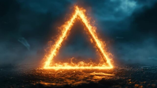 Glowing fiery triangle shape burning intensely dark textured surface with smoky, dramatic background and bright orange flame creating powerful, intense atmosphere with vivid burning fire and deep