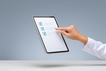Fototapeta premium A close up view of a person s hand using a touchscreen interface to interact with a digital checklist of medical symptoms on a mobile device