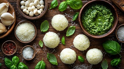 Artisan cheese balls, pesto, and ingredients