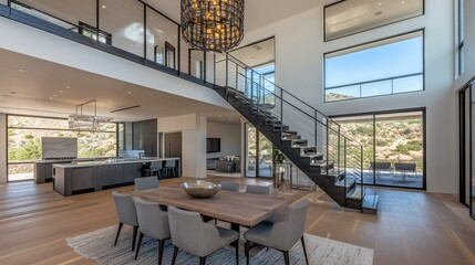 Fototapeta premium Open-plan modern home interior, showcasing a spacious dining area, kitchen, and living space with high ceilings and large windows