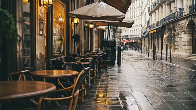 Quaint Parisian cafe scene during a rain shower, capturing the city's unique charm