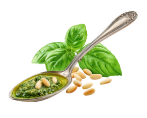 Spoon of fragrant basil pesto with visible pine nuts and fresh basil leaves, creating vibrant and appetizing presentation. This captures essence of Italian cuisine and culinary delight