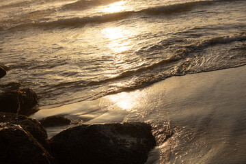 sunset on the beach, 4k water video on shore