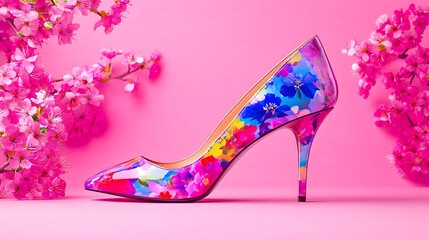 Colorful floral high heel shoe on pink