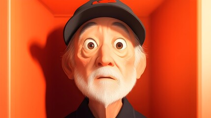 Cartoonish, surprised senior man in a baseball cap, inside orange box