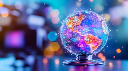 Fototapeta premium Digital globe, vibrant colors, glowing continents