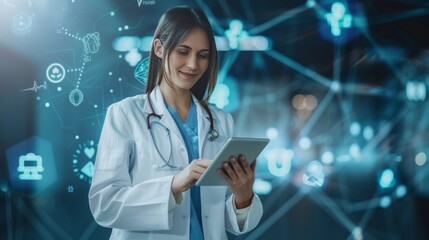 Happy woman doctor on tablet for employees management, hospital workflow and clinic staff solution on software or app. Healthcare manager on digital tech for medical team research or problem solving