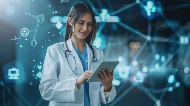 Happy woman doctor on tablet for employees management, hospital workflow and clinic staff solution on software or app. Healthcare manager on digital tech for medical team research or problem solving