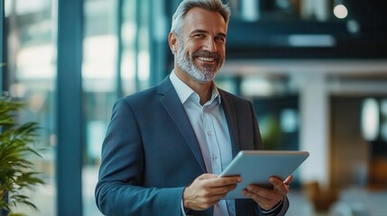 Happy middle aged business man ceo wearing suit standing in office using digital tablet. Smiling mature businessman professional executive manager looking away thinking working on tech device.