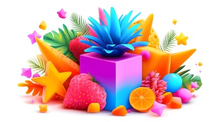 Vibrant, 3D abstract arrangement of fruits, plants, and geometric shapes
