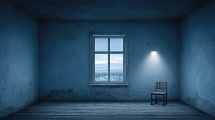 An empty room with a single chair illuminated by a small light.