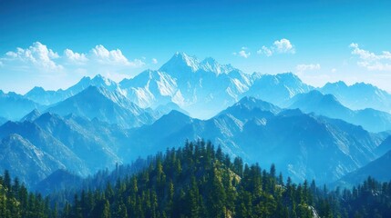 Obraz premium Majestic snow-capped mountains and lush green forest landscape.
