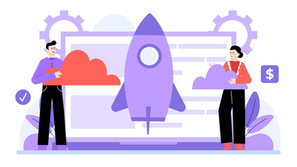 Two people joyfully holding clouds and a rocket symbolizing dreams, innovation, and teamwork. Suitable for business and technology concepts. Tech startup founders launching SaaS product
