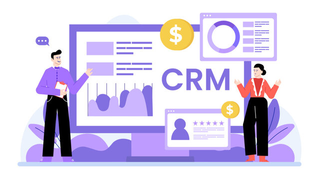 Crm system with two people and graphs is suitable for presentations, marketing materials, business blogs, and techrelated articles. Great for showcasing teamwork.